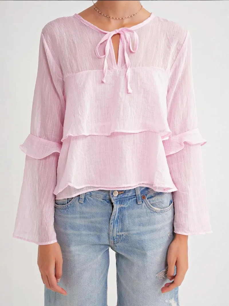 MixRay Powder Pink Mixray Frilly Blouse with Bow Detail for Women | Best Price UAE