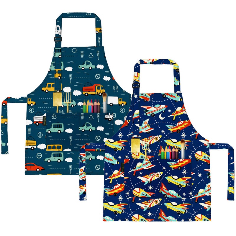 BeeGreen Kids Apron 2 Pack Cooking Aprons w Adjustable Strap Kitchen Aprons with Front Pockets for Girls & Boys Toddler Aprons for Painting Baking Artist Smocks Washable Waterproof(Cars & Rockets) - Image 1
