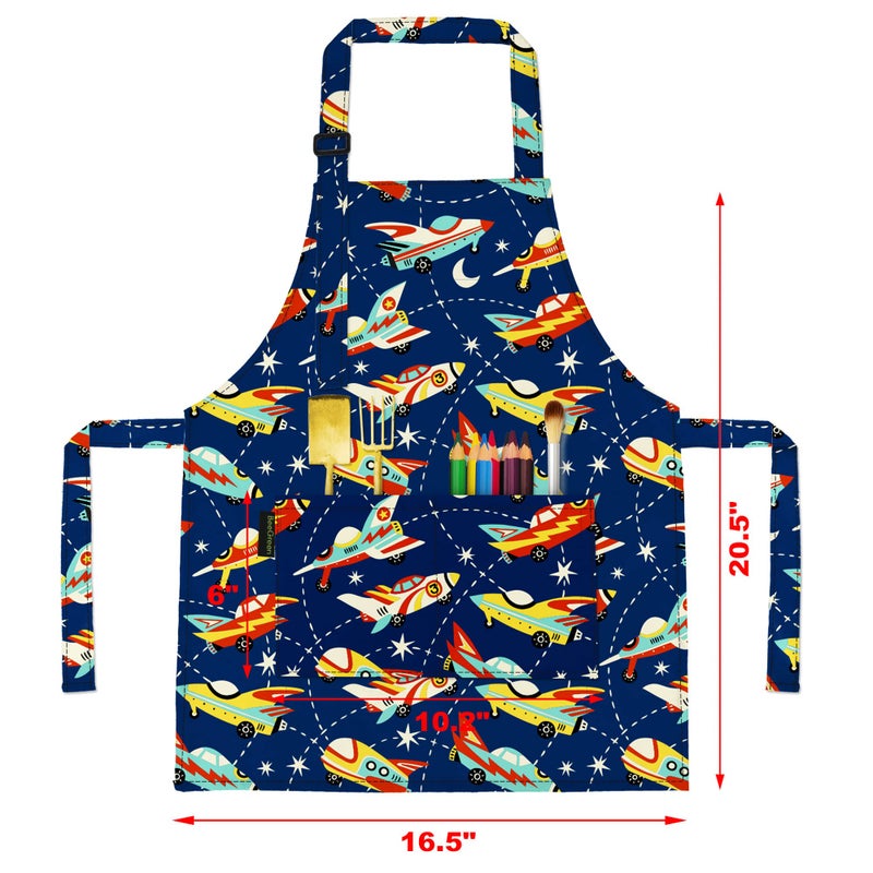 BeeGreen Kids Apron 2 Pack Cooking Aprons w Adjustable Strap Kitchen Aprons with Front Pockets for Girls & Boys Toddler Aprons for Painting Baking Artist Smocks Washable Waterproof(Cars & Rockets) - Image 2