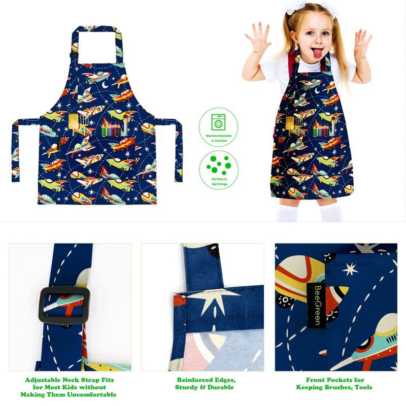 BeeGreen Kids Apron 2 Pack Cooking Aprons w Adjustable Strap Kitchen Aprons with Front Pockets for Girls & Boys Toddler Aprons for Painting Baking Artist Smocks Washable Waterproof(Cars & Rockets) - Image 3