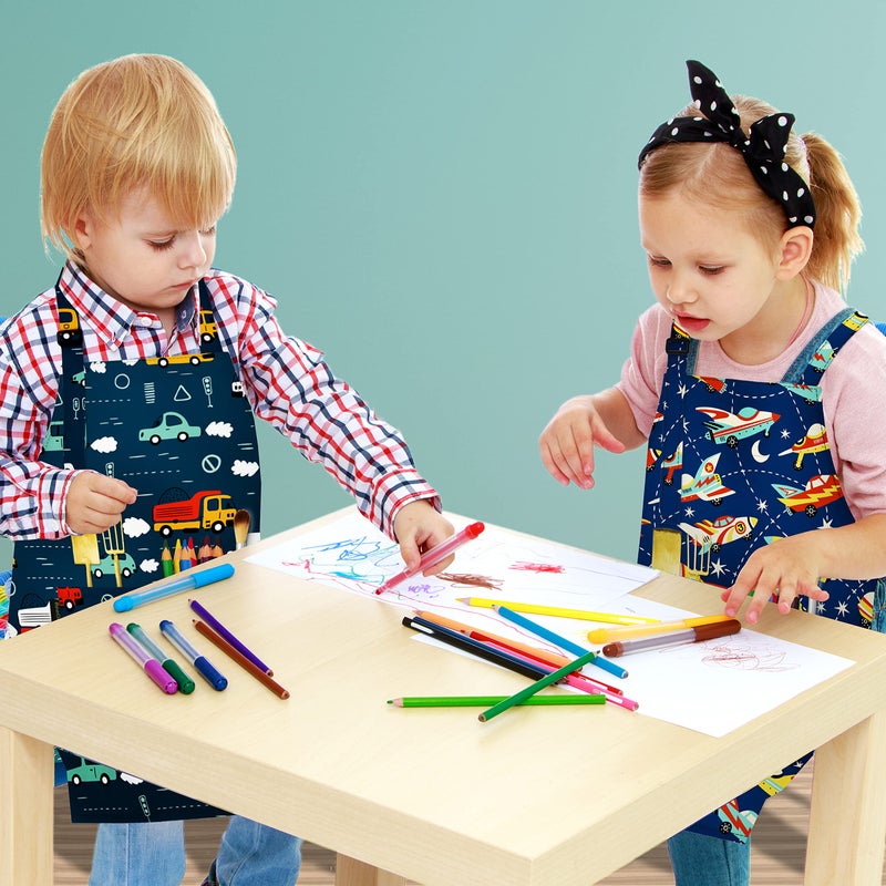 BeeGreen Kids Apron 2 Pack Cooking Aprons w Adjustable Strap Kitchen Aprons with Front Pockets for Girls & Boys Toddler Aprons for Painting Baking Artist Smocks Washable Waterproof(Cars & Rockets) - Image 5