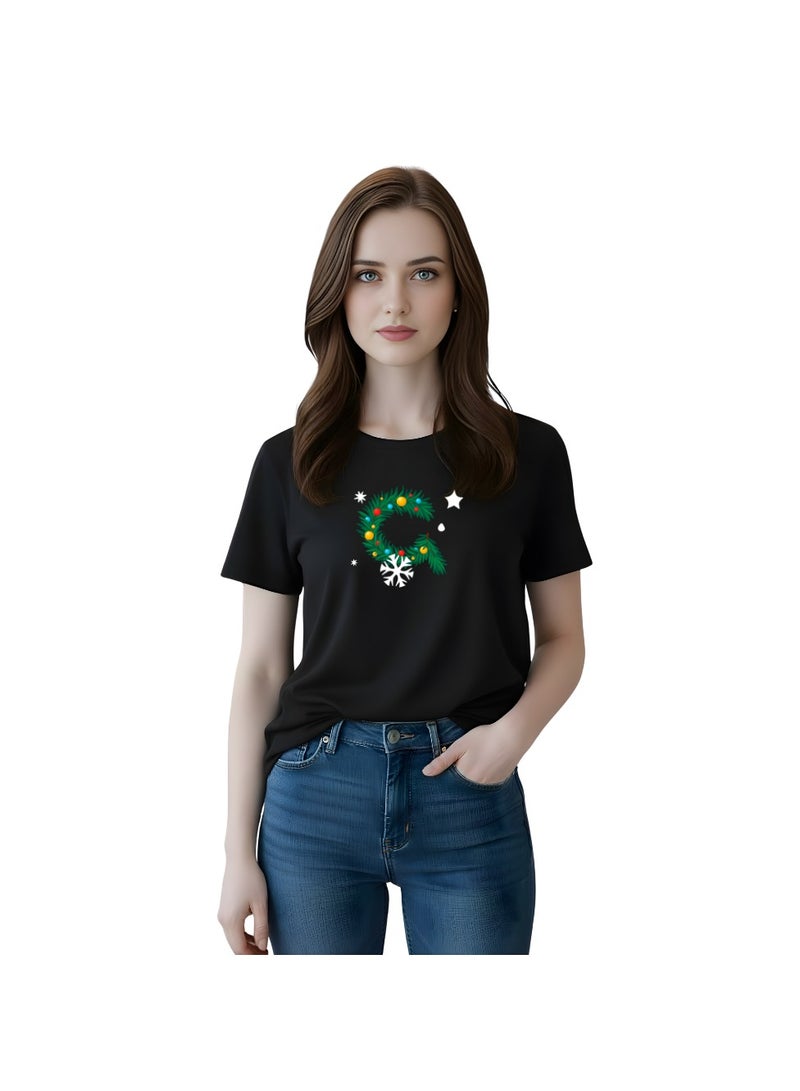 PRINTSHOP4ME Christmas Initial Letter Printed Adult T-Shirts For Womens–Soft Round Neck Cotton Short Sleeve Tshirt - Image 1