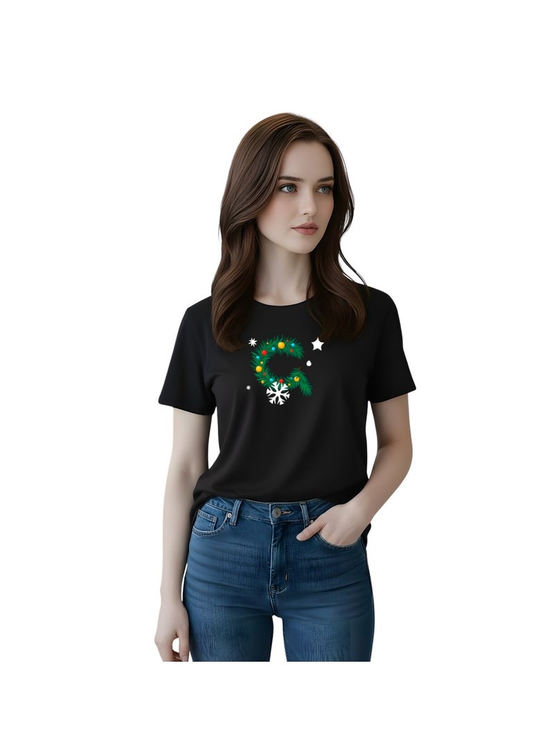 PRINTSHOP4ME Christmas Initial Letter Printed Adult T-Shirts For Womens–Soft Round Neck Cotton Short Sleeve Tshirt - Image 3