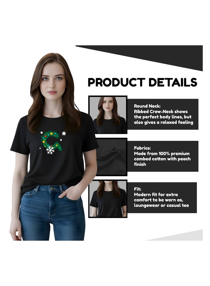 PRINTSHOP4ME Christmas Initial Letter Printed Adult T-Shirts For Womens–Soft Round Neck Cotton Short Sleeve Tshirt - Image 4