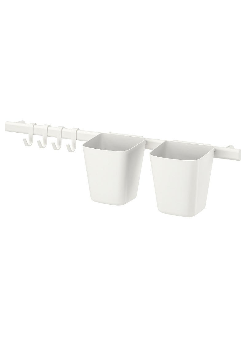 Rail With 4 Hooks And 2 Containers, White
