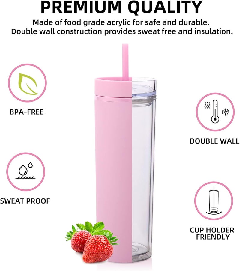 Volhoply كوب بلاستيكي نحيف من Volhoply سعة 20 أونصة، كوب ذو طبقتين مع غطاء وقشة، كوب قهوة مثلج قابل لإعادة الاستخدام أثناء السفر، أكواب ماء من الأكريليك المات مع قشة خالية من مادة BPA للاستخدام في الحفلات، هدايا يمكن صنعها بنفسك (لون وردي، مجموعة واحدة) - Image 2