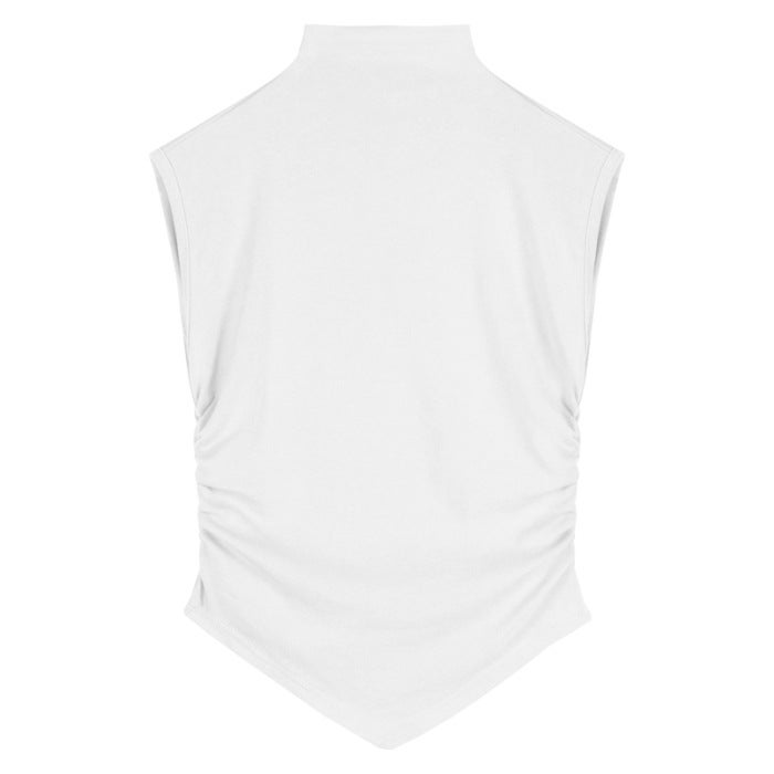 (40 Modal 260g rayon) semi-high collar short sleeve T-shirt new irregular pleated slim short coat White - Image 1