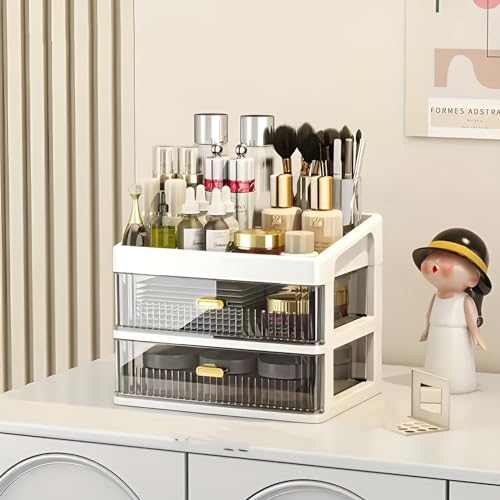 KREPS® Desk Makeup Organizer, Plastic Storage Box with Sliding Drawer, Stylish Display Case for Cosmetics, Lotion, Nail Polish,Brushes,and Jewelry (White, 2 - Layer) - Image 3