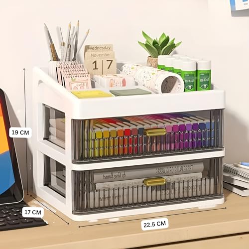 KREPS® Desk Makeup Organizer, Plastic Storage Box with Sliding Drawer, Stylish Display Case for Cosmetics, Lotion, Nail Polish,Brushes,and Jewelry (White, 2 - Layer) - Image 2