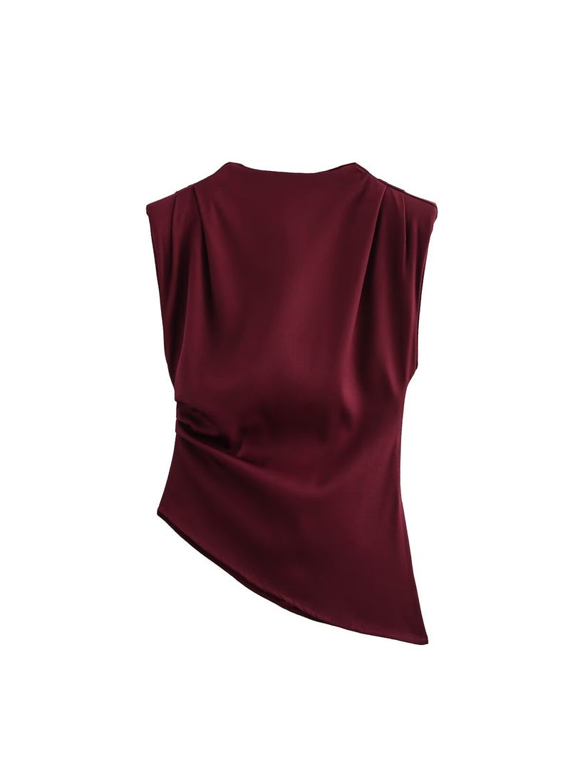 Generic - Fashionable 2025 Spring New Womens Pullover Top Three Colors Diagonal Edge Ruffles Decorative Pad Shoulder Without Sleeves T-Sh Brown - Image 1