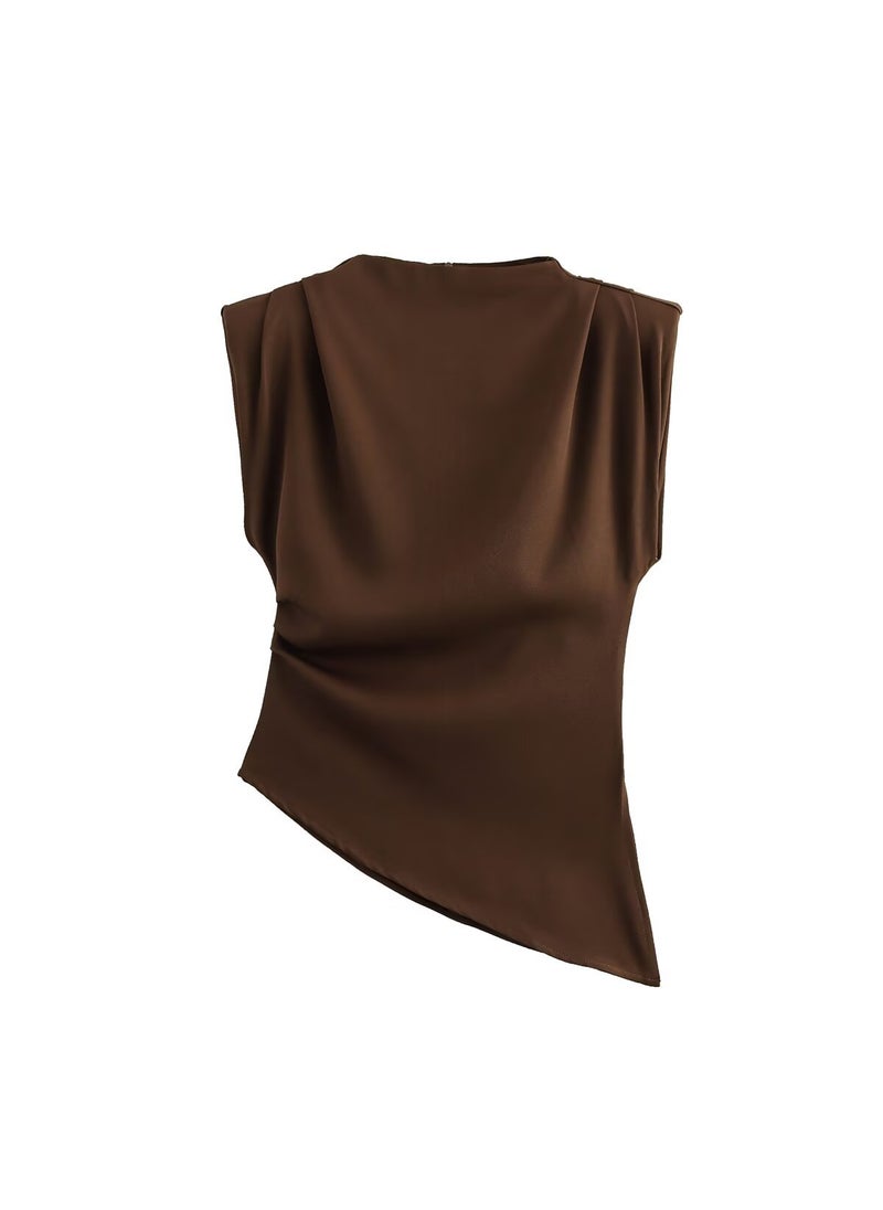 Generic - Fashionable 2025 Spring New Womens Pullover Top Three Colors Diagonal Edge Ruffles Decorative Pad Shoulder Without Sleeves T-Sh Brown - Image 1