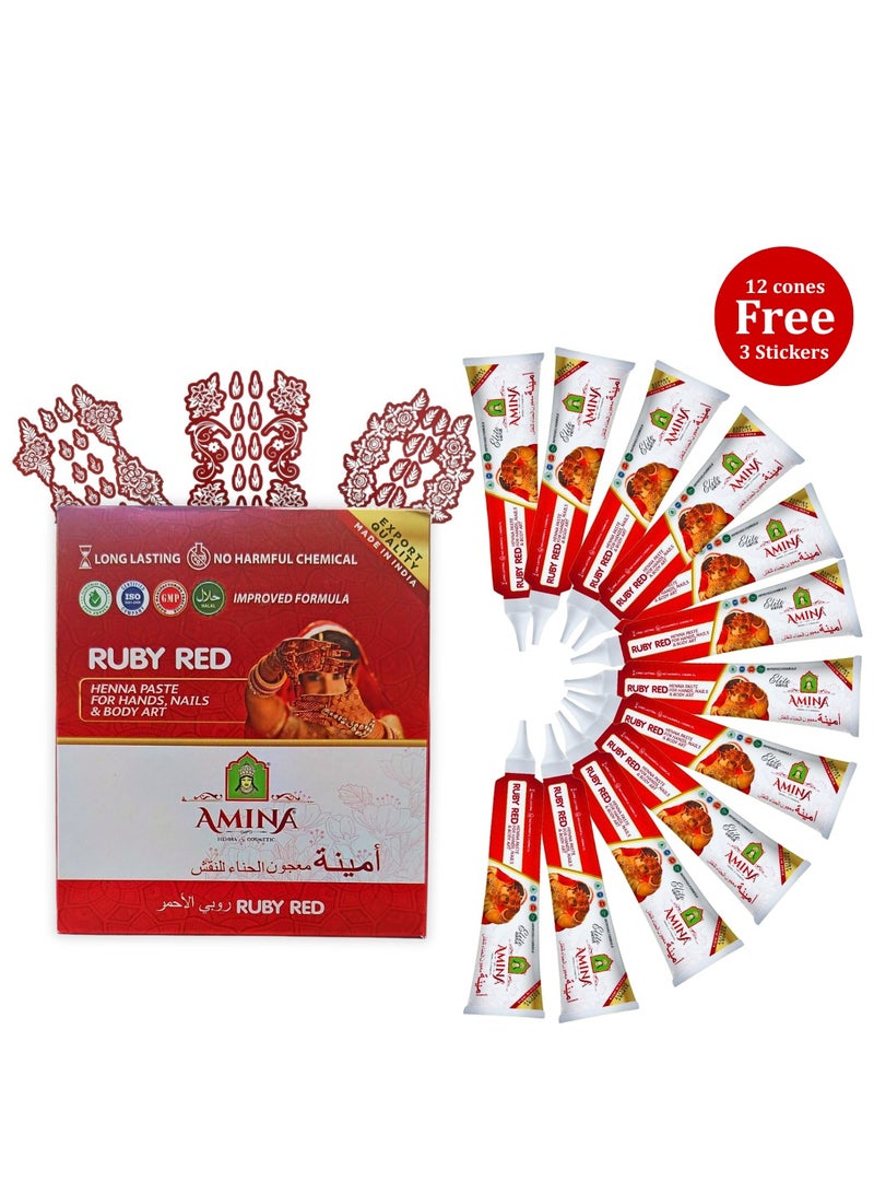 Amina Instant Henna Paste Mehendi Tube Cone | With Free Set of 3 Full Hand Stickers/Stencils | Without Chemicals | Long Lasting | Pack of 12 Pieces x 35 Gms Each | Ruby Red Color - Image 1