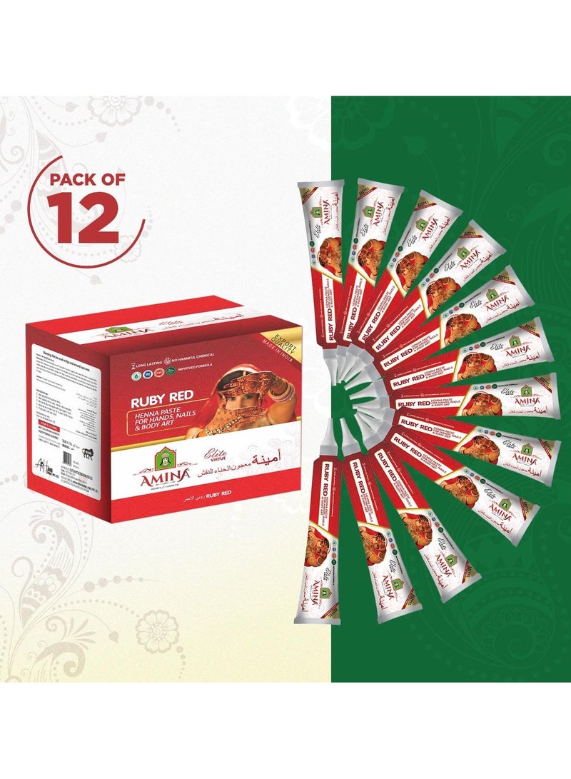 Amina Instant Henna Paste Mehendi Tube Cone | With Free Set of 3 Full Hand Stickers/Stencils | Without Chemicals | Long Lasting | Pack of 12 Pieces x 35 Gms Each | Ruby Red Color - Image 5
