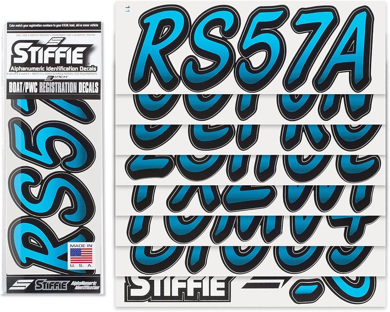 Stiffie Whipline Sky Blue/Black 3" Boat & PWC Registration Decals • Numbers Letters Stickers - Image 2