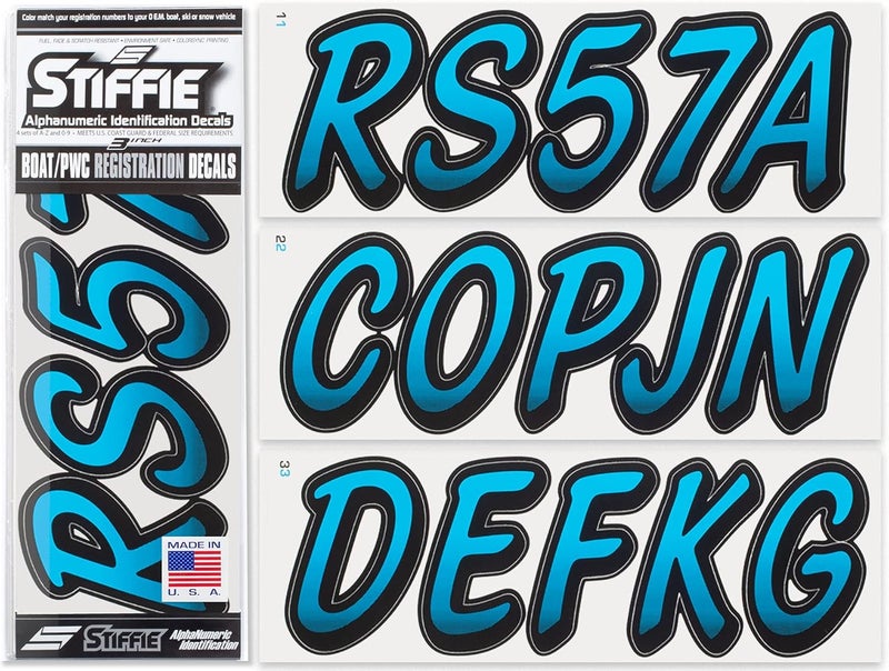 Stiffie Whipline Sky Blue/Black 3" Boat & PWC Registration Decals • Numbers Letters Stickers - Image 1