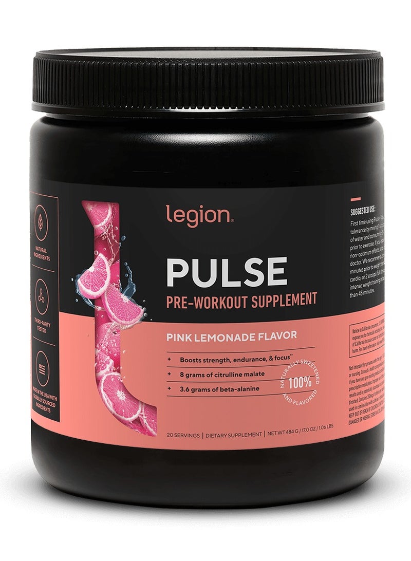 Legion Athletics Pulse Pre Workout Supplement, Pink Lemonade - Naturally sweetened & Flavored, Increases energy & focus, Enhances strength & endurance, Reduces fatigue, 20 Servings - Dietary Supplement - Net Wt 484 g/17.0 Oz /1.06Lbs - Image 1