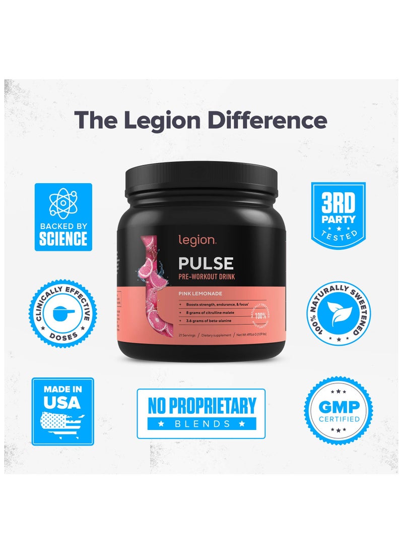 Legion Athletics - Pulse Pre Workout Drink, Bosts Strength, Endurance & Focus, with 8g of Citrulline Malate, 3.6 g of Beta-Alanine, 20 Servings 484 g/17.0 Oz /1.06Lbs- Pink Lemonade Flavor - Image 1