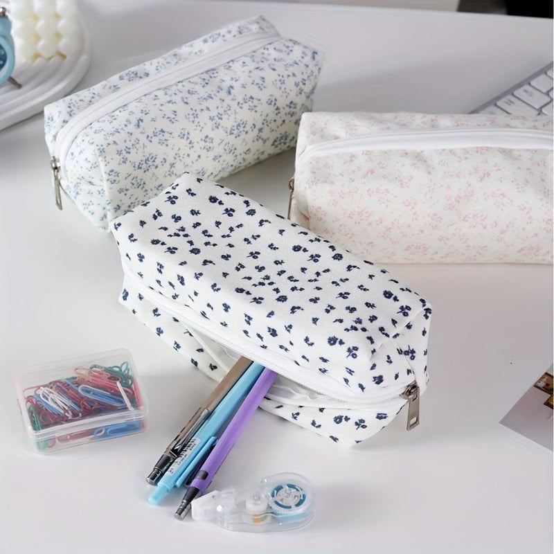 Pink Floral Pencil Case for Office College Cute Supply Storage Bag with Holder - Image 5