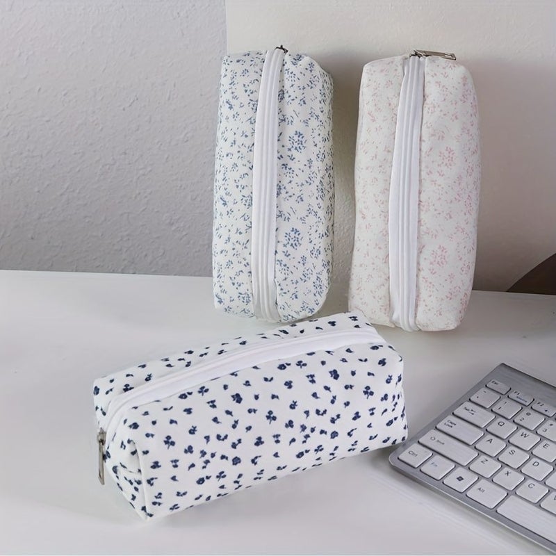 Pink Floral Pencil Case for Office College Cute Supply Storage Bag with Holder - Image 3
