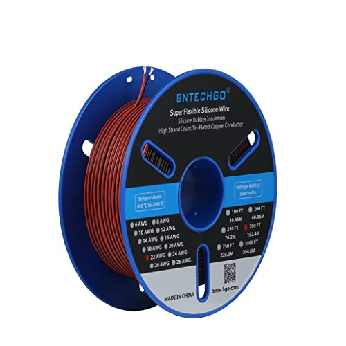 BNTECHGO 22 Gauge Flexible 2 Conductor Parallel Silicone Wire Spool Red Black High Resistant 200 deg C 600V for Single Color LED Strip Extension Cable Cord,Model,500ft Stranded Tinned Copper Wire - Image 1