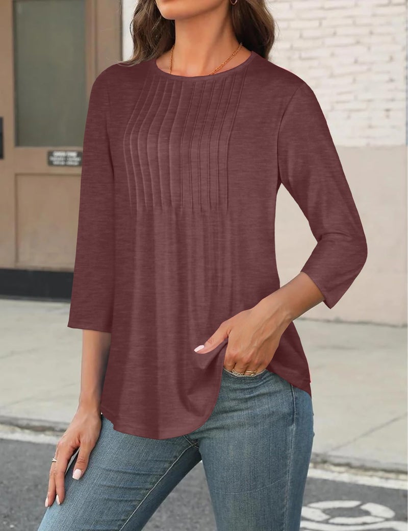 rosemia Womens Tops 3/4 Length Sleeve Blouses Dressy Casual Pleated Front T Shirts Loose Fit Tunic, Dark Red, L - Image 3