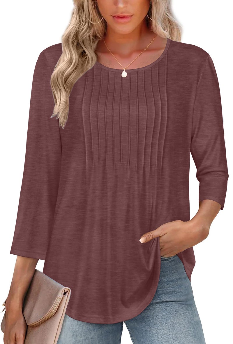 rosemia Womens Tops 3/4 Length Sleeve Blouses Dressy Casual Pleated Front T Shirts Loose Fit Tunic, Dark Red, L - Image 5