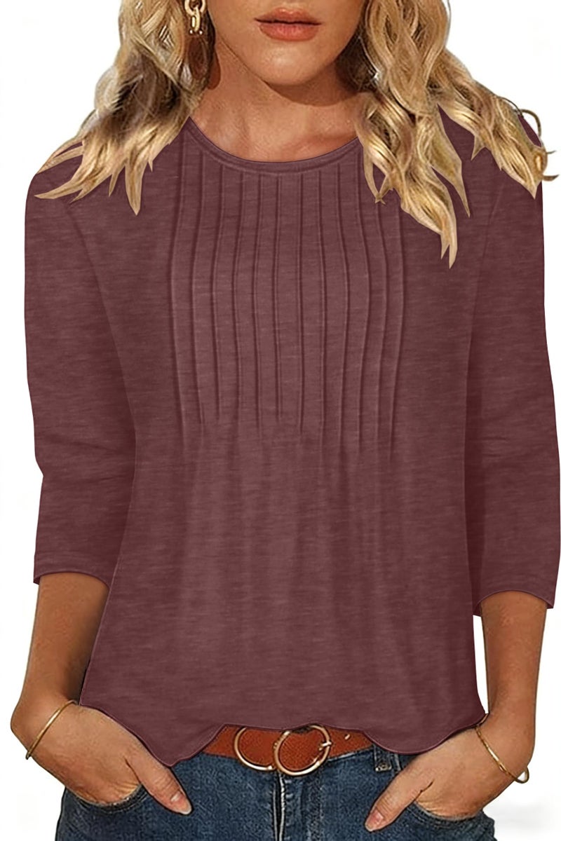 rosemia Womens Tops 3/4 Length Sleeve Blouses Dressy Casual Pleated Front T Shirts Loose Fit Tunic, Dark Red, L - Image 1