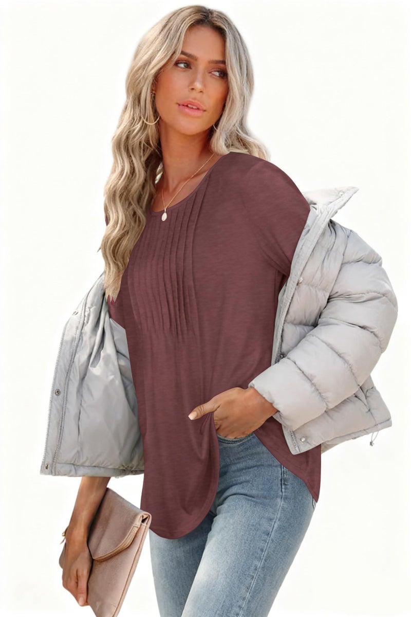 rosemia Womens Tops 3/4 Length Sleeve Blouses Dressy Casual Pleated Front T Shirts Loose Fit Tunic, Dark Red, L - Image 2