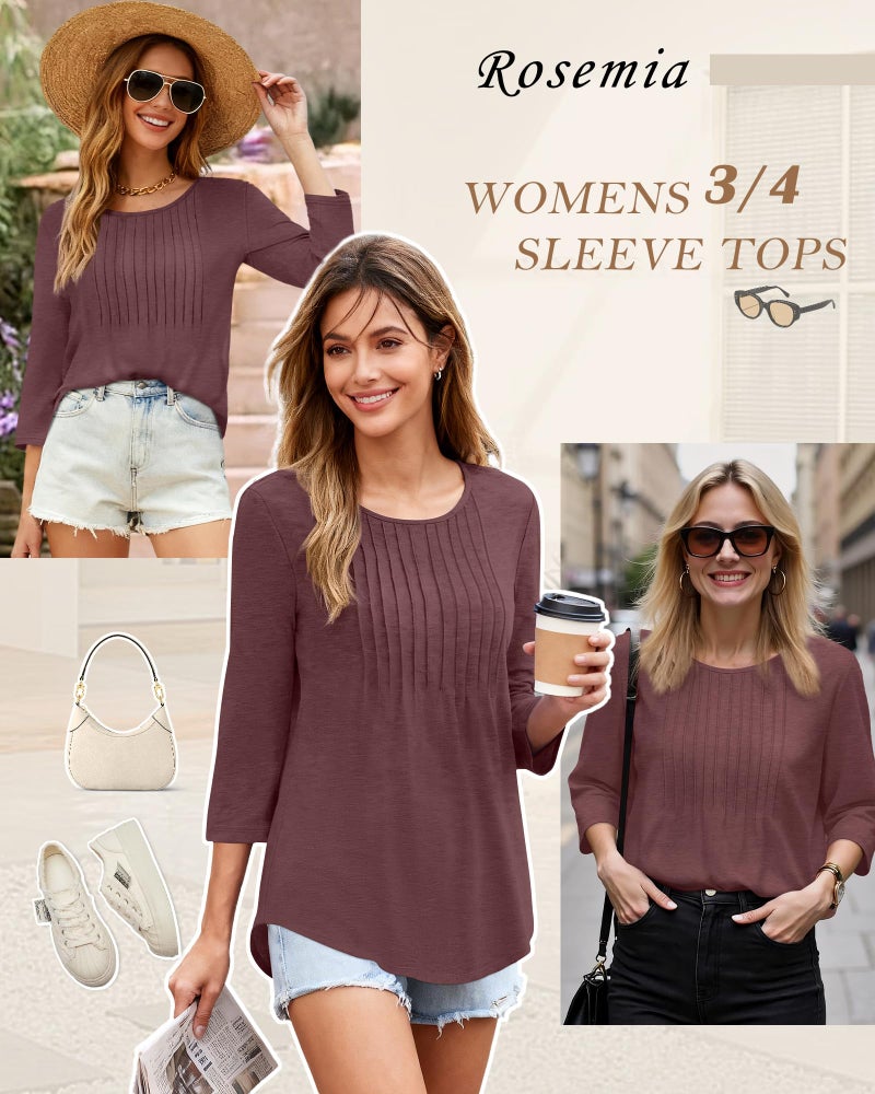 rosemia Womens Tops 3/4 Length Sleeve Blouses Dressy Casual Pleated Front T Shirts Loose Fit Tunic, Dark Red, L - Image 4