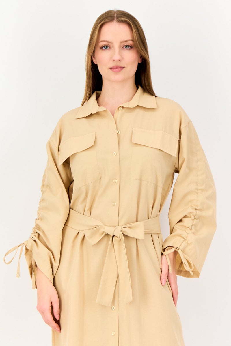 trendyol Women Plain Maxi Belted Dress, Beige - Image 2