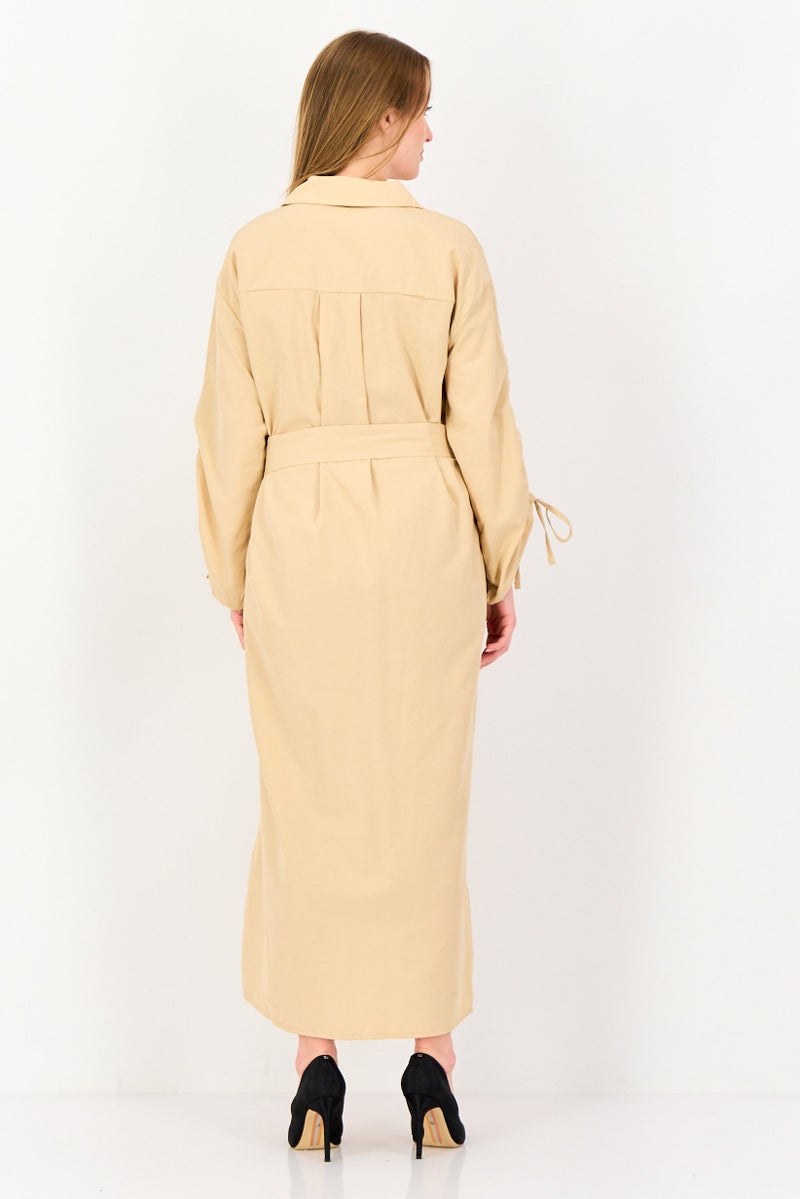 trendyol Women Plain Maxi Belted Dress, Beige - Image 3