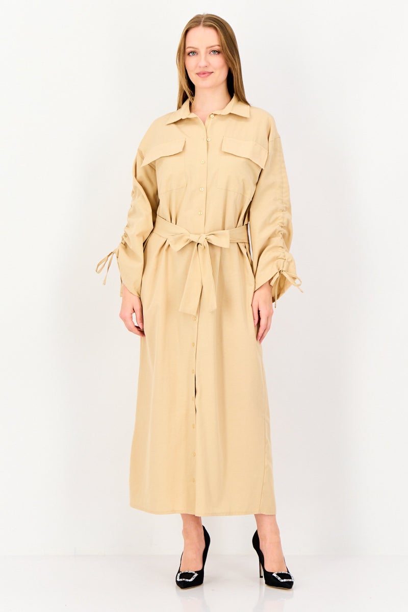 trendyol Women Plain Maxi Belted Dress, Beige - Image 1