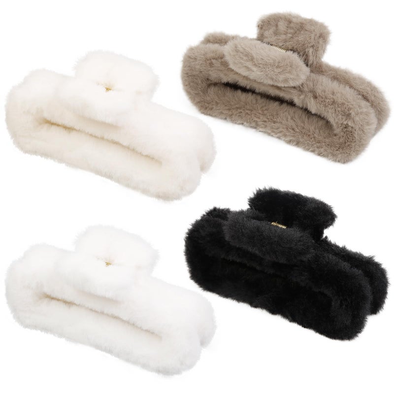 TEBIEKOY Extra Large Plush Claw Clips for Women, 5 Inch Unbreakable Large Fluffy Claw Clips for Thick Hair Neutral Huge Hair Clips Non-slip Hair Claws Tight Strong Hold Hair Claw for Women Girls 4 Packs - Image 1