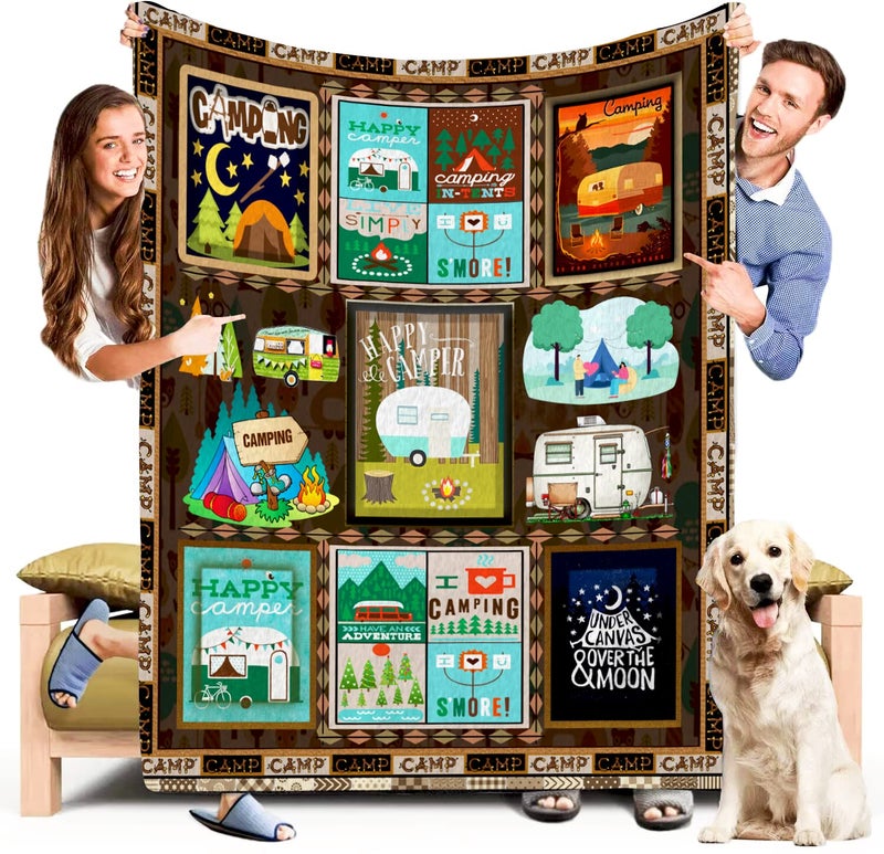 LINGXUQK LINGXUQK Camping Flannel Fleece Blanket Retro Camping Bus Flannel Blanket Camper Decor Happy Camper Lightweight Warm and Comfortable Plush Blanket 
