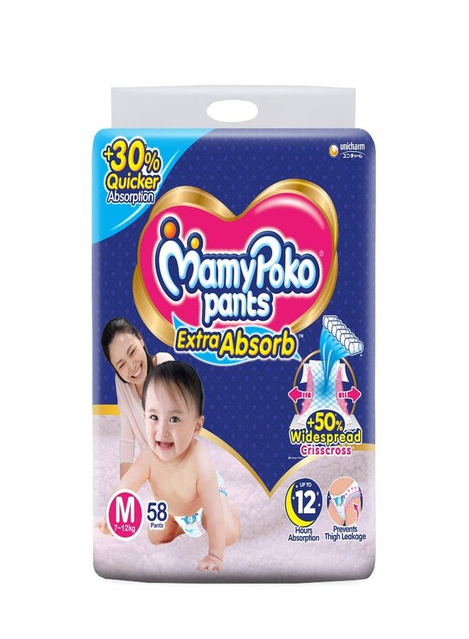 MamyPoko Pants Extra Absorb Baby Diapers, Medium (M), 58 Count, 7-12 kg