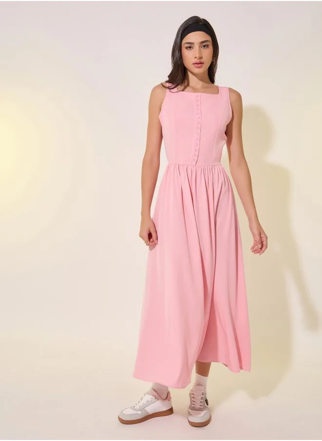 ستايلي Solid Square Neck Buttoned Midi Dress