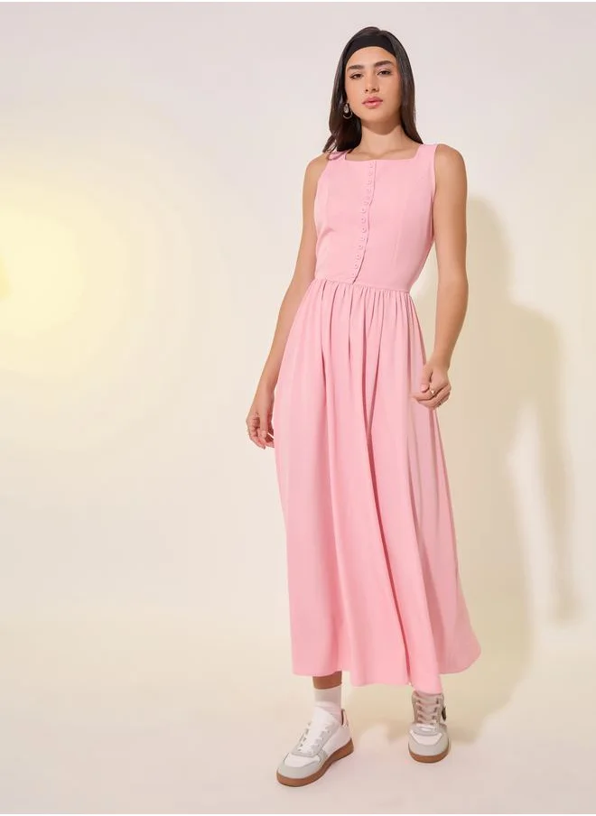 ستايلي Solid Square Neck Buttoned Midi Dress