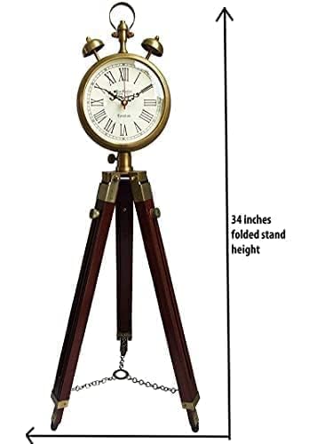MH Nautical Handmade Brass Wooden Tripod Stand Clock with 2 Two Bell Clock Landon Style Roman Number Diwali Home Office Bed Room Living Room Hall Decor 47 Inch White Brown - Image 5