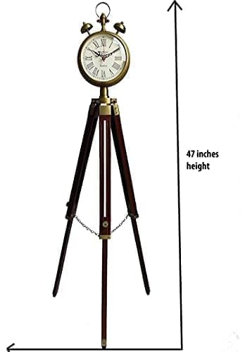 MH Nautical Handmade Brass Wooden Tripod Stand Clock with 2 Two Bell Clock Landon Style Roman Number Diwali Home Office Bed Room Living Room Hall Decor 47 Inch White Brown - Image 4