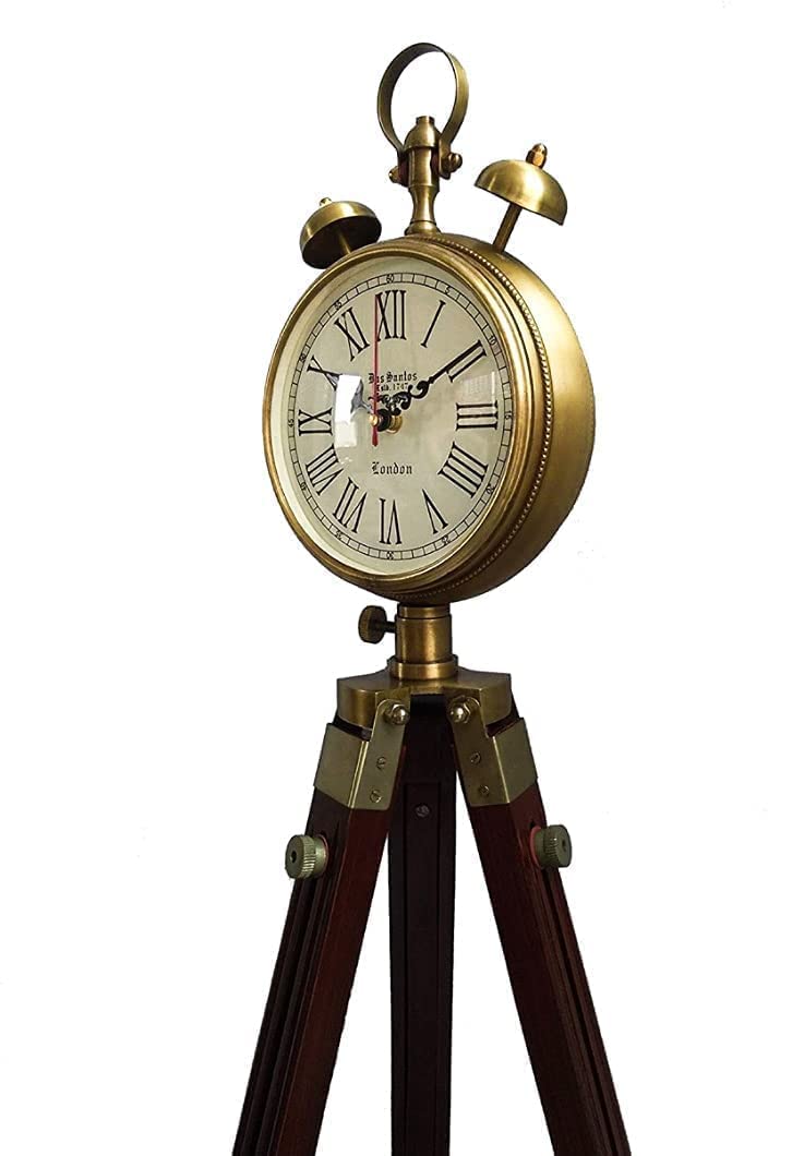 MH Nautical Handmade Brass Wooden Tripod Stand Clock with 2 Two Bell Clock Landon Style Roman Number Diwali Home Office Bed Room Living Room Hall Decor 47 Inch White Brown - Image 2