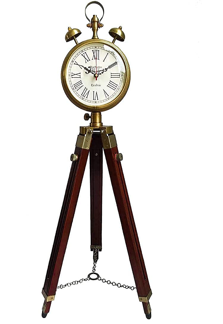 MH Nautical Handmade Brass Wooden Tripod Stand Clock with 2 Two Bell Clock Landon Style Roman Number Diwali Home Office Bed Room Living Room Hall Decor 47 Inch White Brown - Image 1