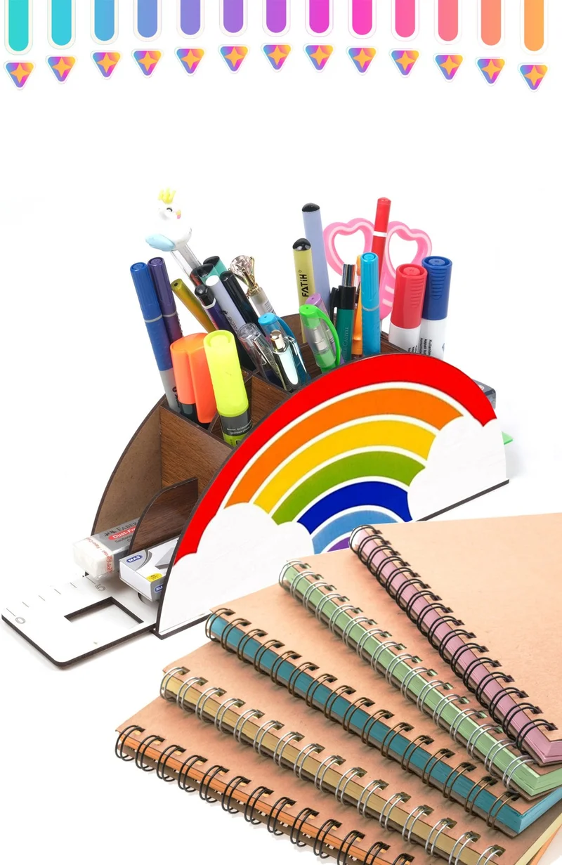 نوتبا Wooden Cloudy Rainbow Ruler Desktop Pencil Holder Organizer For Kids GK75 New Design