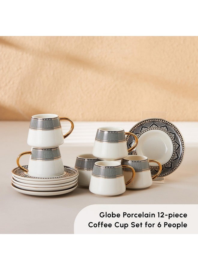 KARACA Globe Turkish Coffee Cup Set of 6, 80ml, 2.7 oz, Small Espresso Cups with Saucers, Porcelain, Black Patterns, and Gold Handles, Ideal for Serving Greek, Arabic Coffee