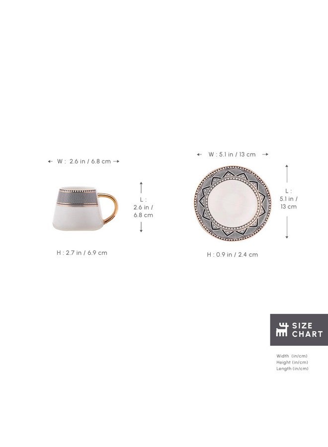 KARACA Globe Turkish Coffee Cup Set of 6, 80ml, 2.7 oz, Small Espresso Cups with Saucers, Porcelain, Black Patterns, and Gold Handles, Ideal for Serving Greek, Arabic Coffee