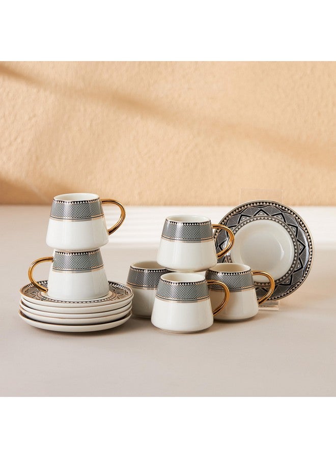 KARACA Globe Turkish Coffee Cup Set of 6, 80ml, 2.7 oz, Small Espresso Cups with Saucers, Porcelain, Black Patterns, and Gold Handles, Ideal for Serving Greek, Arabic Coffee