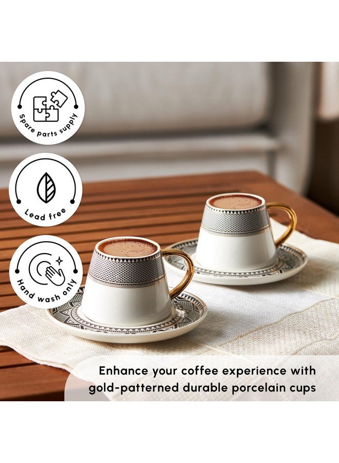 KARACA Globe Turkish Coffee Cup Set of 6, 80ml, 2.7 oz, Small Espresso Cups with Saucers, Porcelain, Black Patterns, and Gold Handles, Ideal for Serving Greek, Arabic Coffee