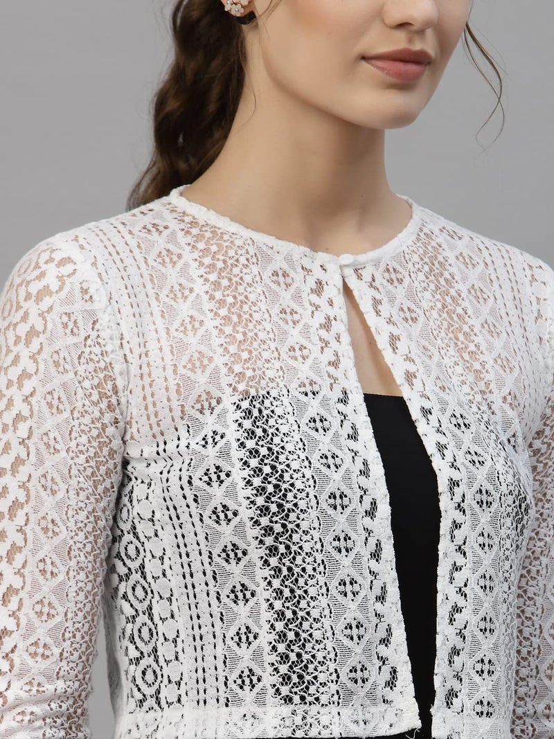 Style Quotient Women White Laced Cropped Shrug - Image 2