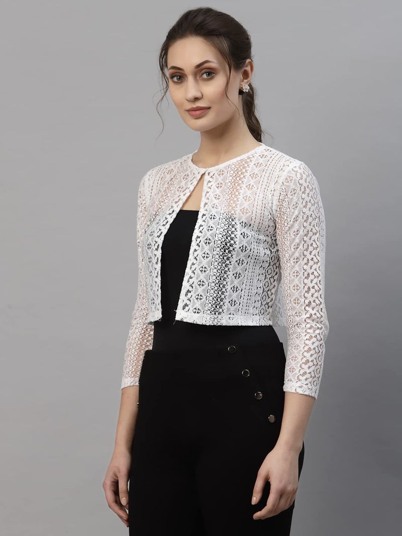 Style Quotient Women White Laced Cropped Shrug - Image 3