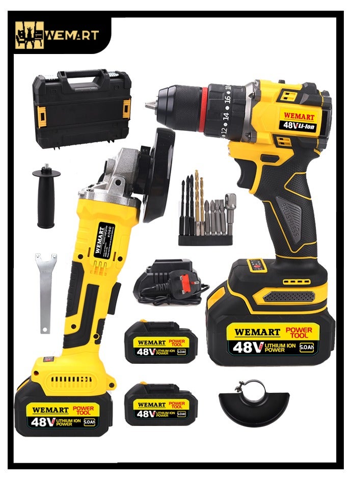 WEMART 48V Drill and Angle Grinder Tool Set,Grinder Tool,Electric Screwdriver,Grinder,Power Tools Drill Set,Tool Kit,With 2*5.0Ah Batteries and Fast Charger - Image 1