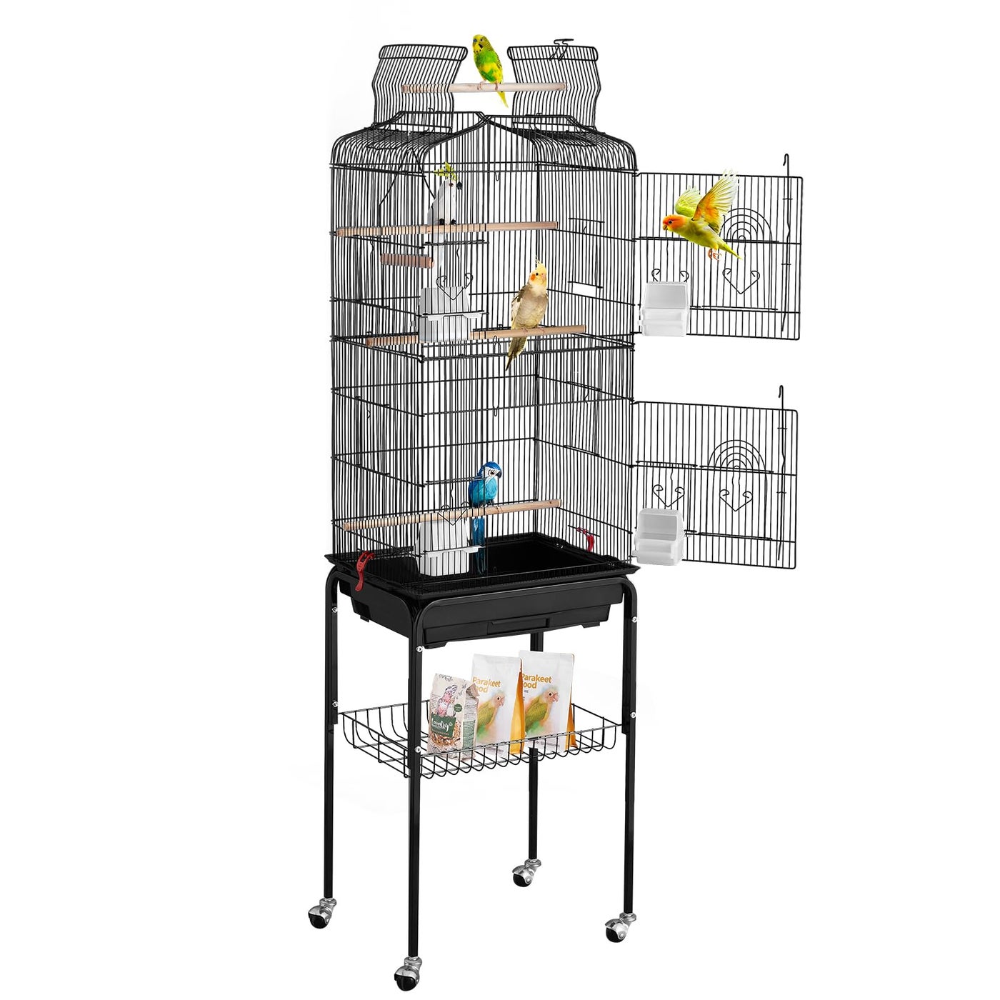 VEVOR 64-inch Open Top Large Parrot Bird Cage with Detachable Rolling Stand for Parakeets Finches Canaries Lovebirds Cockatiels Budgies Small Quaker Conures Flight Birdcage with Swing and Perch